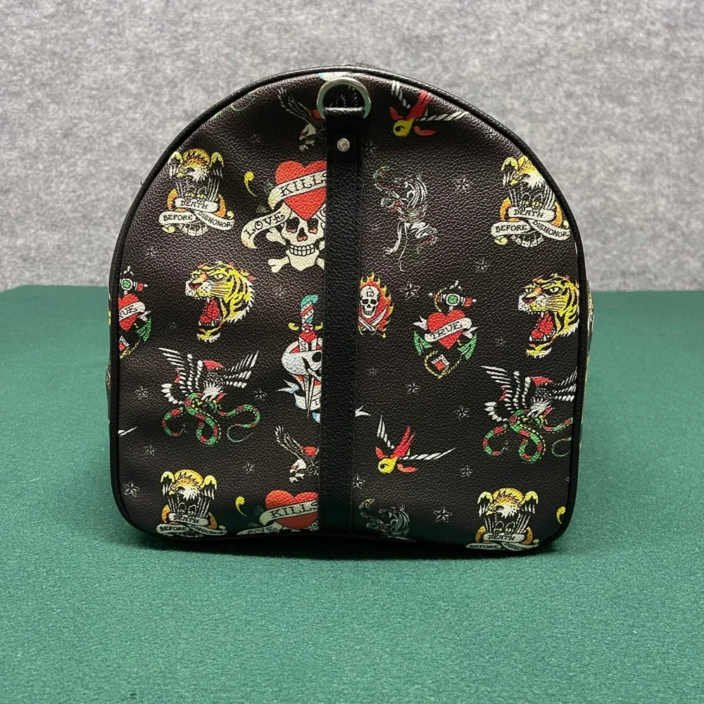 Ed Hardy Duffle Bag Black Tattoo Flash Print Vegan Leather Laptop Sleeve Travel